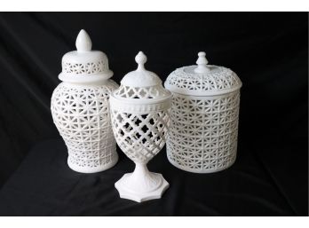 Decorative Pierced Ceramics Includes Urn, Large Canister & Heritage F&G Pierced Urn With Lid
