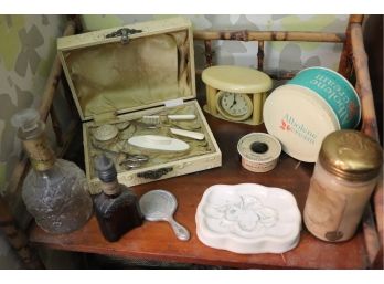 Assortment Of Antique Ladies Toiletry Items , Soap Dish, Celluloid Box With Manicure Set & More