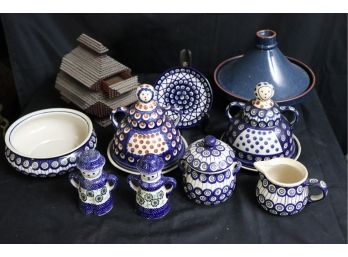 Collection Includes Tramp Art Box, Polish Hand Painted Ceramics, Covered Dish Made In Portugal