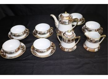Antique Set Of Nippon Hand Painted Fine Bone Porcelain China Cups, Saucers & Teapot