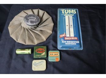 Antique Tums For The Tummy Advertising Thermometer, Ex-Lax Metal Tin Box & Vintage Ice Pac