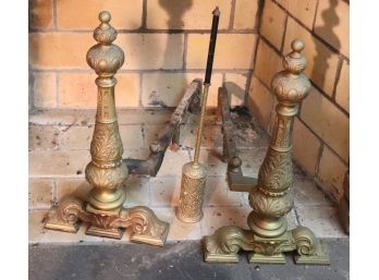 .Highly Decorated Tall Solid Brass Andirons With Ash Brush