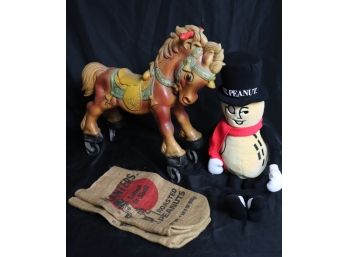 Vintage Mr. Peanut Plush Doll 1991 With Vintage Burlap Peanut Sacks & Vintage Childs Ride On Horse On Wheels