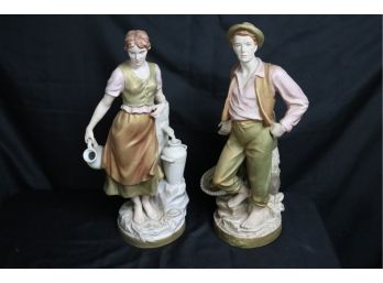 Pair Of Tall Vintage Royal Dux Bohemia  Figurines- Fisherman With Basket