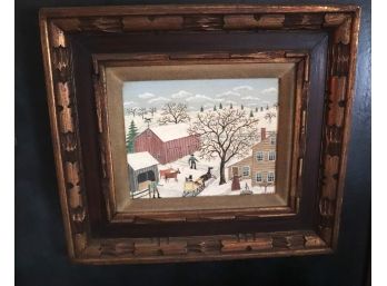 Primitive Oil Painting In Decorative Frame Of A Winter Scene Signed Davies
