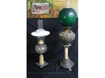 2 Vintage Glass Oil Lamps & Horse Print