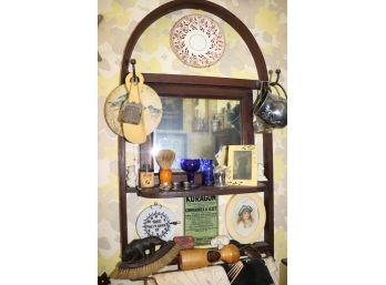 Vintage Mirror With Hooks & Antique Brushes, Celluloid Frames, Cufflinks, Lace Runner, Daguerreotype, Shoehorn