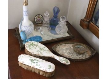 Vanity Items - Mirrored Tray With Porcelain Flower Design, Hand Painted Porcelain Brushes, Antique Perfume Bot