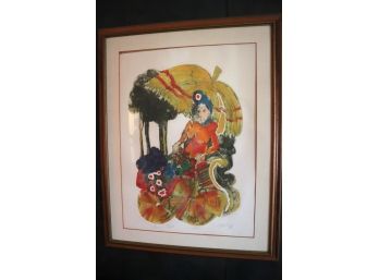 Signed & Numbered Lithograph By E. J. Bery Titled: Flower Cart In Wooden Frame