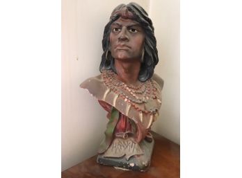 Very Old Plaster Bust Of Hiawatha With Hand Painted Decorative Detailing