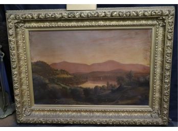 Antique Landscape Oil Painting In Hudson Valley Style /ERA Beautiful Ornate Gilded Wood Frame With Sailboats