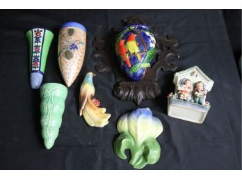 Collection Of Wall Pockets Includes Lusterware With Birds & Fleur De Lis