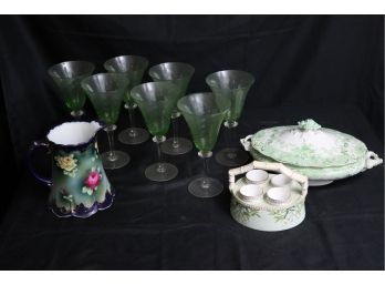 Green Glass Wine Glasses, Beautiful Floral Hand Painted Pitcher - Nippon Japan- Includes Egg Cup Holder