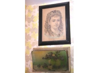 Victorian Era Framed Print 'The Fairest Of The Fair' By Currier & Ives & Hanging Letter Holder Painted With Vi
