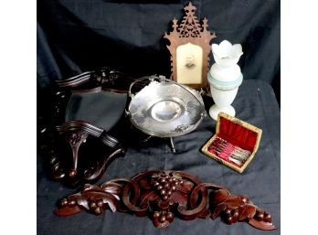Vintage Wall Mirror & Carved Wood Pieces, Lusterware Vase, Vintage Collection Of Lobster Picks With Case