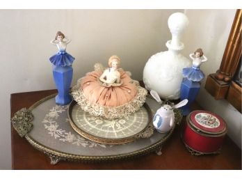 Vanity Items Including 2 Trays, Milk Glass Perfume Bottle, Porcelain Perfume Holders, Pincushion, Trinket Box
