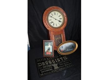 Vintage Regulator Wall Clock, Prescription Druggist Sign & Red Cross Advertising