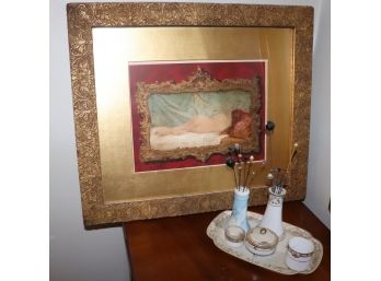 Nude Print In Original Carved Gilded Frame & Nippon Porcelain Vanity Tray & 2 Hat Pin Holders With Hat Pins