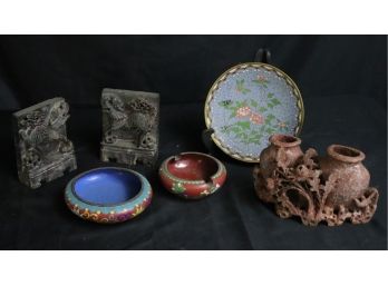 Vintage Collection Includes Carved Soapstone Pieces, Bookends  Painted Metal Dish, Very Old Painted Dish