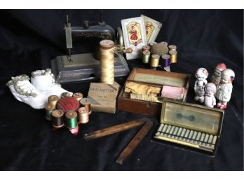 Vintage Sewing Accessories & More Includes Casige Mini Sewing Machine, Vintage Grooming Box