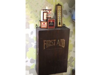 Vintage Wood Box For First Aid Includes Thermometer , Red Cross Bandages & Antique Eye Bath