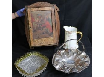 Vintage Decorated Pipe Holder, Limoges Floral Pitcher, Silverplate Fruit Basket & Fun Spiky Glass Dish