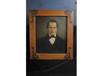 Antique Portrait Of A Stately Young Man In Original Oak Frame With Metal Detail On Corners