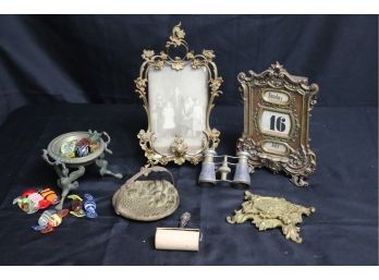 Opera Glasses With Hunting Scene, Vintage Roller, Brass Frame, Ornate Bronze Dish, Glass Candy, Stamp Holder