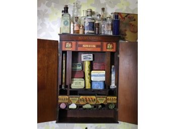 Antique Hanging Advertising Cabinet By Julius Schmid Inc. Sheik With Small Medicine Jars, Bottles & Tins