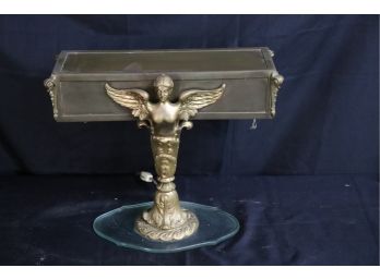 Antique Brass Desk Lamp With Angel Design & Glass Base Needs Rewiring