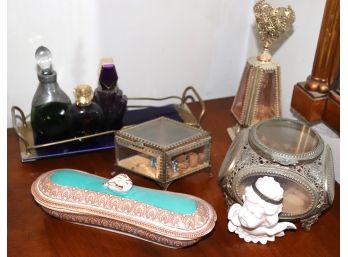 Antique & Mid-Century Vanity Items - Amber Glass & Gold Colored Filigree Box & Perfume Bottle