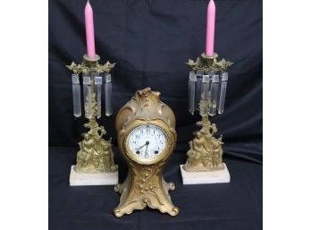 Art Nouveau Seth Thomas Clock - Switzerland, Lily Of The Valley Motif With Porcelain Face & Brass Candlesticks