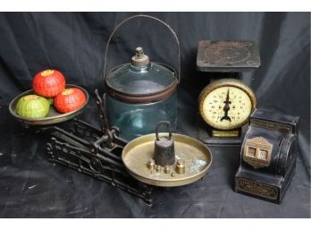 1.Vintage Collection-Glass Bucket, Uncle Sam's 3-Coin Register Bank, American Cutlery, American Family Scale