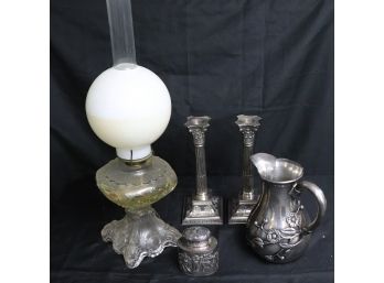 Corinthian Column Candlesticks Wilcox, Pitcher Of Flowers In Relief, Plated Tobacco Tin With Merry Men & Vinta