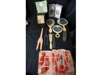 Vintage Boudoir- Celluloid Hand Mirrors, Celluloid Toiletry Set In Original Leather Holder, Hair Prep Tools &
