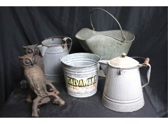 Vintage Buckets & Pails, Coal Bucket, Water Pitchers & Cast Iron Andirons