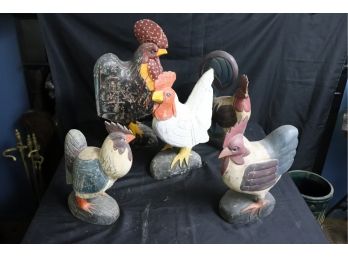 Collection Of Decorative Carved Wood Roosters Assorted Sizes