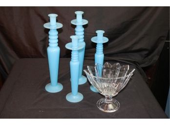 Set Of 4 Beautiful Opaline Candlesticks Ranging In Size & Floral Shaped Cut Glass Vase