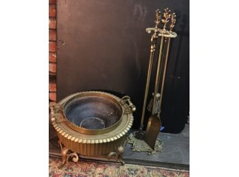 Collection Of Brass Fireplace Tools & Brass Bowl On Scrolled Feet