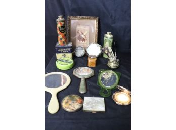 Vintage Toiletry Items - Celluloid Mirrors, Ladies Compacts , Manicure Items & Metal Advertising Tins & Mor