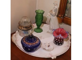 Vintage Hand Painted Vanity Tray, Bisque Lladro, Fenton Glass Hat , Cobalt Blue Bowl & Glass Bowl With Murano