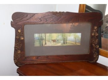 Art Nouveau Frame With Print Of Men & Horses In The Woods - A Very Pretty Scene