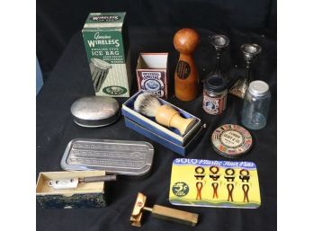 Vintage Shaving Razors By Schick & Wizard , Brush ,Candlesticks , Soap Dish & Advertising Items