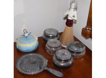 4 Vanity Boxes With Beautiful Bust Lids, Gorgeous Hand Mirror In, Porcelain Lady Brush & Vanity Box