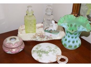 Limoges Hand Painted Vanity Tray With Etched Glass Perfume Bottles, Fenton Vase, Hand Painted Mirror & Box Wit