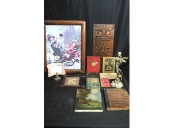 Vintage Items Includes Sleigh Ride Print, Metal Fairy Statue, Vintage Books