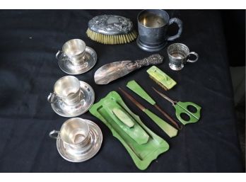 Asst Of Sterling & Green Celluloid Pcs. Sterling Shoehorn Monogramed, 3 Sterling Cups Saucers And More