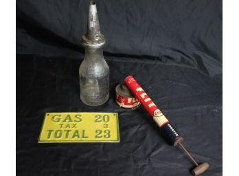 Vintage Oil Memorabilia Includes Embossed Gas Sign, Flit Esso Sprayer, Huffman - One Liquid Qt Glass Bottle