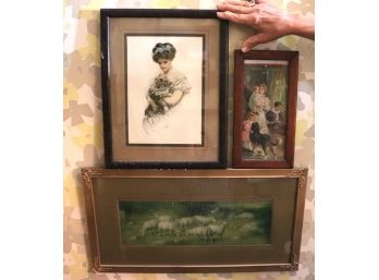Group Of 3 Antique Prints Featuring A Hoods 1909 Calendar , A Maiden & Her Cat & Sheep In The Meadow
