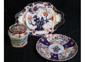 Vintage Collection Includes 2 Imari Dishes, Serving Tray With Small Repair & Biscuit Jar With Lid